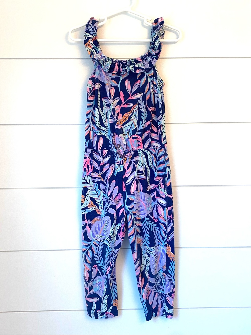 Lilly Pulitzer Navy Jumpsuit with Pink & Lavender Leaf Print (XS 2-3)